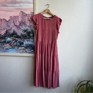 Flutter Short Sleeve Smocked Midi Dress